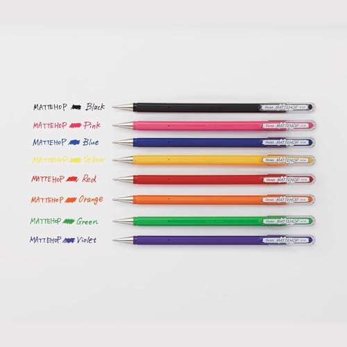 Pentel Mattehop - Liquid Gel Rollerball Pens - K110-1.0mm Nib - 1 of Each Colour - Pack of 8 - In Pillow Packaging