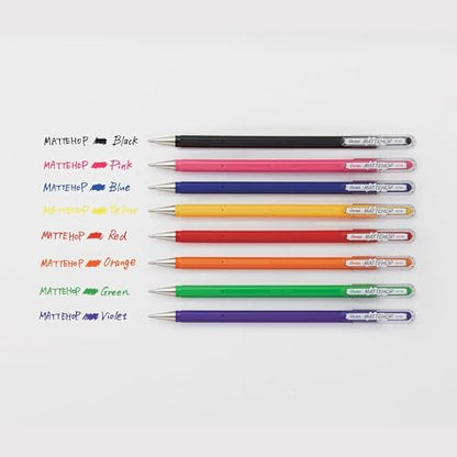 Pentel Mattehop - Liquid Gel Rollerball Pens - K110-1.0mm Nib - 1 of Each Colour - Pack of 8 - In Pillow Packaging