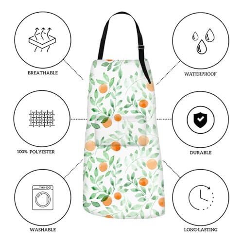 Britimes Apron with Pockets, 32x28 inch, for Women Men, Green Leaf Orange - color: Leaves Fruit