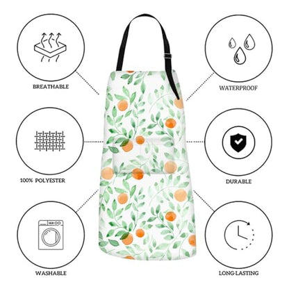 Britimes Apron with Pockets, 32x28 inch, for Women Men, Green Leaf Orange - color: Leaves Fruit
