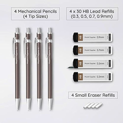 MozArt Mechanical Pencil Set 4 Sizes 0.3 0.5 0.7 0.9mm HB Lead Nickel | 30 HB Lead & Eraser Refills – Sketch, Drafting, Art & Drawing for Artists, Students & Architects – Nickel Metal Grip - color: Metallic