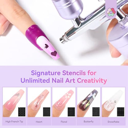 SAVILAND 7-in-1 Nail Airbrush Kit with Airbrush Gels & Cleaner Tools | Clog-Free Airbrush Gun with 6 Pink Gels, Cleaner, & Stencils, Instantly Atomizes for Flawless Aura & Ombre Nails - color: black, white, pink, nude