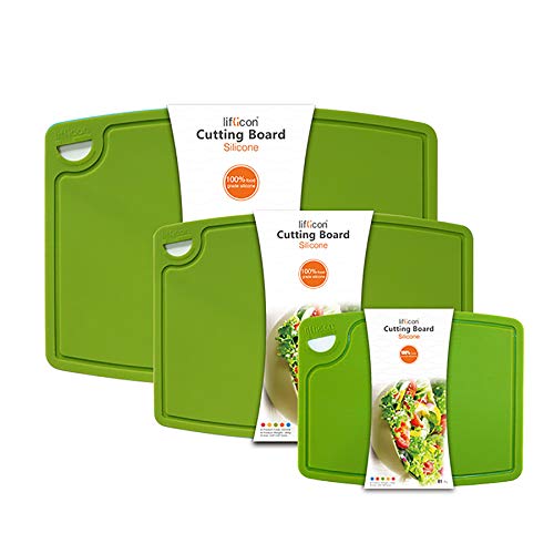 Liflicon Silicone Thick Cutting Boards Mats Set of 3 Foldable & Flexible Design Juice Grooves Easy Grip Handle Dishwasher Safe for Kitchen,BPA free Silicone Cutting Board-Green - color: Green, size: 9.1"L x 7.1"W, 12.6"L x 9.1"W & 14.6"L x 10.4"W