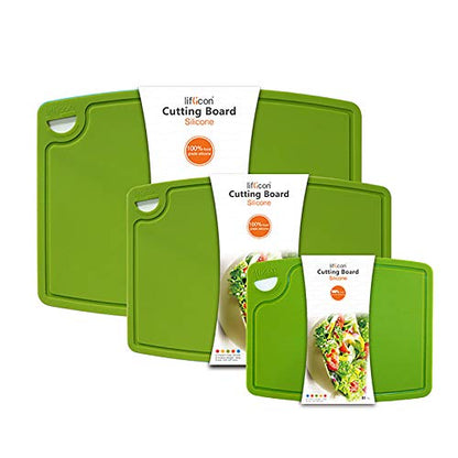 Liflicon Silicone Thick Cutting Boards Mats Set of 3 Foldable & Flexible Design Juice Grooves Easy Grip Handle Dishwasher Safe for Kitchen,BPA free Silicone Cutting Board-Green - color: Green, size: 9.1"L x 7.1"W, 12.6"L x 9.1"W & 14.6"L x 10.4"W