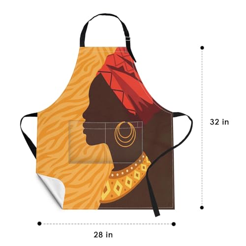 Apron with Pockets, 32x28 inch, for Women Men, African Woman | American Folk Girl Waterproof Adjustable Bib Aprons for Kitchen Cooking Baking Painting Gardening - color: African American Woman