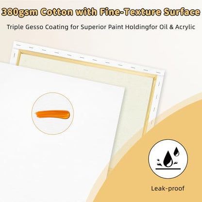 4-Pack 24x24 Square Stretched Canvas Cotton for Oil & Acrylic (60 x 60 cm) | 380gsm 100% cotton, triple acid-free gesso, no bleed warp resistant, for mixed media - size: 4PK - 24"x24"