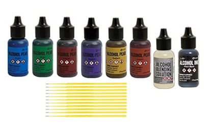 Ranger Alcohol Pearls Bundle - Divine, Elixir, Scorch, Intense, Opulent, Radiant with Pitch Black Alcohol Ink, Blending Solution - with Trebbies Detail Sticks