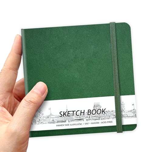 5" x 5" Hardcover Sketch Book,58 Sheets Small Mixed Media Pocket Sketch Pad | PU Cover,150 GSM Acid Free Artist Drawing Paper,Travel Journal Blank Notebook for Adults Sketching,Illustration. - color: 150gsm PU-blackish green