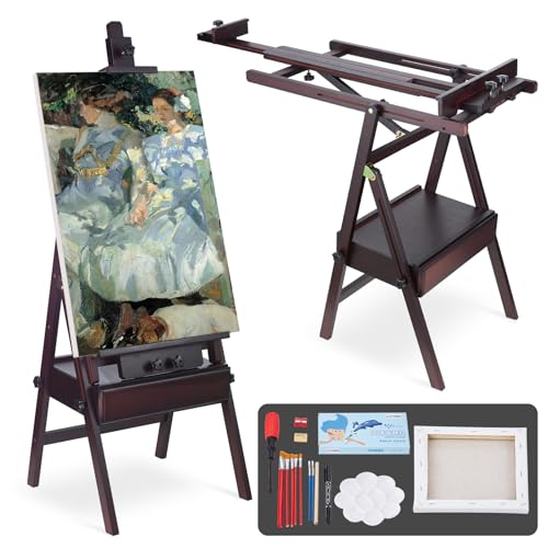 Beech Wood H-Frame Painting Easel with Storage Drawer, Walnut | Heavy-duty Studio Easel, Adjustable Height & Angle Floor Easel Stand, Holds 30"-50" Canvas, Foldable Artist Easel for Adults - color: Walnut