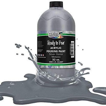 Pouring Masters Silver Dollar Metallic Ready to Pour Acrylic Pouring Paint - Premium 32-Ounce Pre-Mixed Fluid Acrylic Paint - Fluid Art Supplies for Canvas, Wood, Paper, Tile & Rocks | Ready to Pour, Premium Pre-Mixed Fluid Acrylic Paint - Fluid Art Suppl