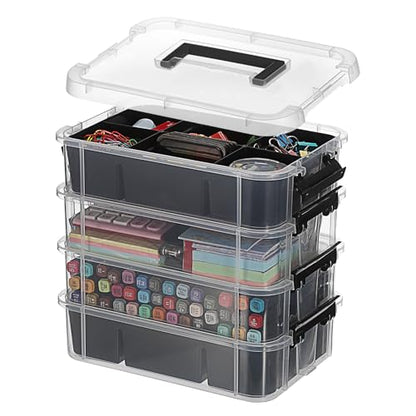 JUXYES 4-Tiers Plastic Stack Carry Storage Containers Box wih Handle Lids - color: Black