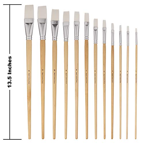 Jerry Q Art 12 PC White Synthetic Hair Flat Brush Set with Long Wood Handles for Watercolor and Acrylic JQ66051