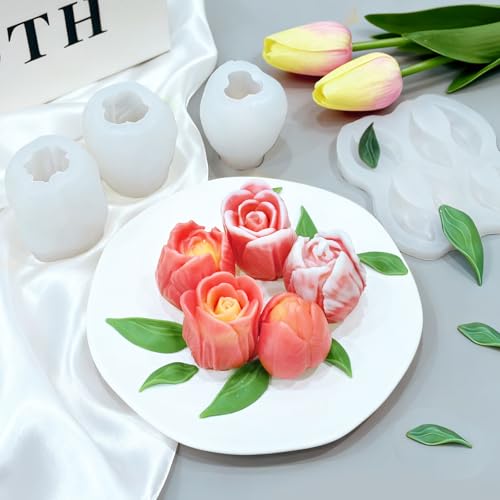 Tulip Candle Molds with Leaf Mold, 3D Tulip Flower Candle Molds - color: 4 PCS Tulip Candle Molds with Leaf Mold