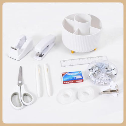 Gawsey White Desk Organizers and Accessories with Desk Organizer 360° Rotating Pen Holder and Office Supplies, Cute Stationery Supplies Set - color: White