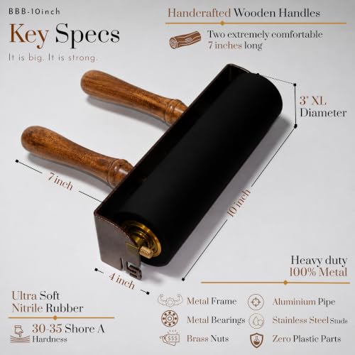 Leoball® Big Beautiful Brayer. 3" Diameter Roller with Ultra-Soft Nitrile Rubber Block Printing Brayer, Deluxe 30-35 Hardness, with Internal Bearing tech. 10 inch - size: 10 inch