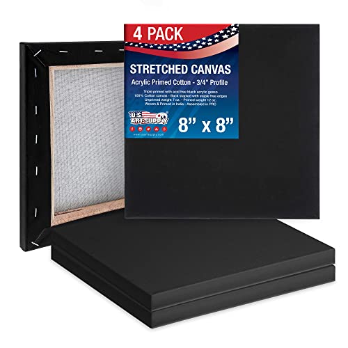 U.S. Art Supply 8x8 Black Mini Canvases for Painting, 4 Pack Bulk Small Stretched Artist Canvas Professional Primed - Ideal for Arts & Crafts, Heavy-Weight Gesso - Acrylic Pouring, Oil - size: 8" x 8"