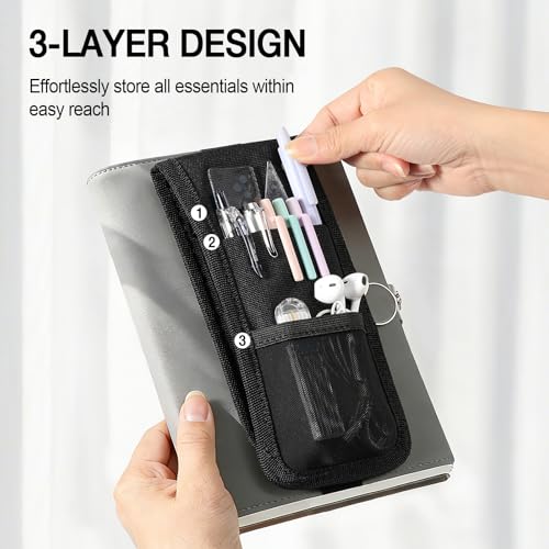 MoKo Elastic Pen Holder for Notebook with Zipper Pocket, Black - color: Black