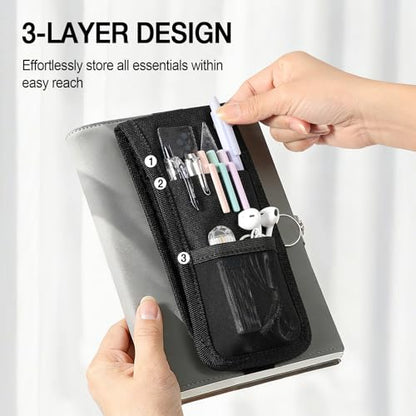 MoKo Elastic Pen Holder for Notebook with Zipper Pocket, Black - color: Black
