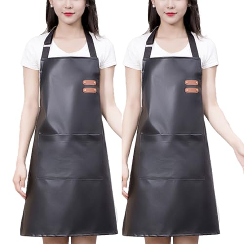 Waterproof Apron Large Pocket PU Material Waterproof Oil-proof Dust-proof Apron Black and Red - color: Black 2 Pack