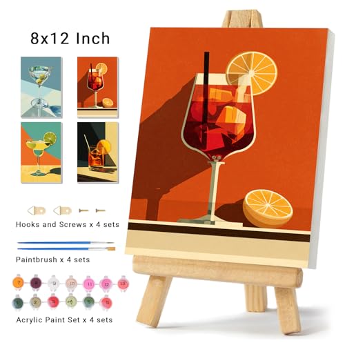 4 Pack Framed Paint by Numbers Kit for Adults Beginner Canvas Painting by Numbers for Adults Cocktail Easy Adult Paint by Number Kits with Frame Cocktails Art Watercolor Painting by Number 8x12 Inch - color: YFa0912
