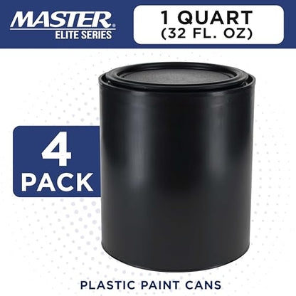 Master Elite 1 Quart Empty Plastic Paint Can Bucket, Pack of 4 - Triple Lock Airtight Lid Seal, 32 fl. oz. All-Plastic Coating Storage Container Can - Pail Handle, Dent & Rust Proof, Odor Resistant - size: Quart