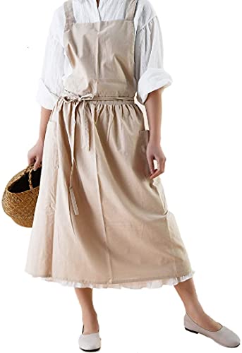 VLZUFE Women Cotton Linen Cross Back Apron with Pockets for Gardening Works Pinafore Dress - color: Wheat