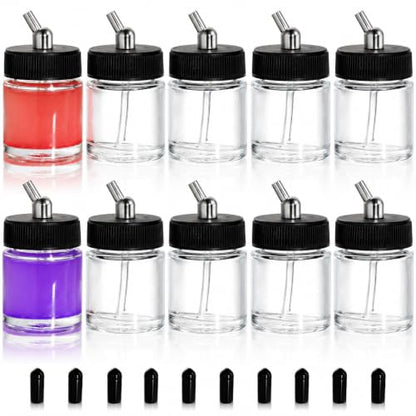 Goaste 10 Pack Glass Airbrush Bottles Kit, 22cc Empty Airbrush Jars, Transparent Airbrush Paint Storage Pot with 10pcs Cap Covers, 30° Down Angle Adaptor Lids, Fits Dual-Action Siphon Feed Airbrushes