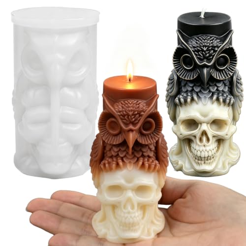 Halloween Silicone Candle Molds, Large Owl Skull Head Mold | Halloween Silicone Mold for Candle Making, Epoxy Resin Casting, DIY Craft Plaster, Concrete, Holidays Home Decor, Party Gift - color: Owl Skull Molds Candle