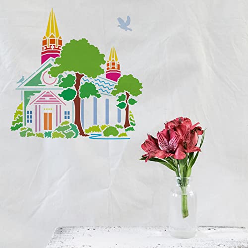 FINGERINSPIRE Church Stencil for Painting, 11.8x11.8 Inch Reusable DIY Art and Craft Stencils, Castle Stencil Drawing on Wood, Canvas, Paper, Fabric, Walls and Furniture - color: Church
