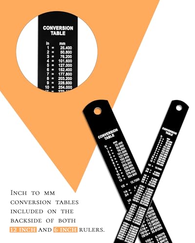 Metal Ruler 12 Inch and 6 Inch with Metric Scales Millimeter, Centimiter, and Conversion Table, Easy to Read Straight Edge Starts at 0, Stainless Steel Rule for School and Office, 2 Pack