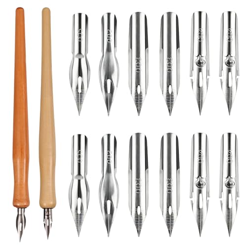 Comic Dip Pen Set, Includes 12 Stainless Steel Replacement Nibs & 2 Wooden Holders Dip Pen Nibs with 4 Styles for Drawing Writing Calligraphy Sketching Signing Painting - style: Style 2