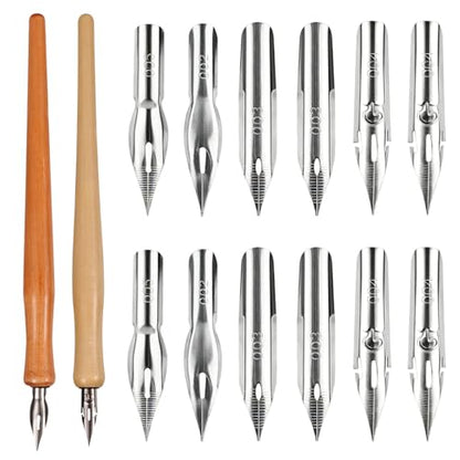 Comic Dip Pen Set, Includes 12 Stainless Steel Replacement Nibs & 2 Wooden Holders Dip Pen Nibs with 4 Styles for Drawing Writing Calligraphy Sketching Signing Painting - style: Style 2