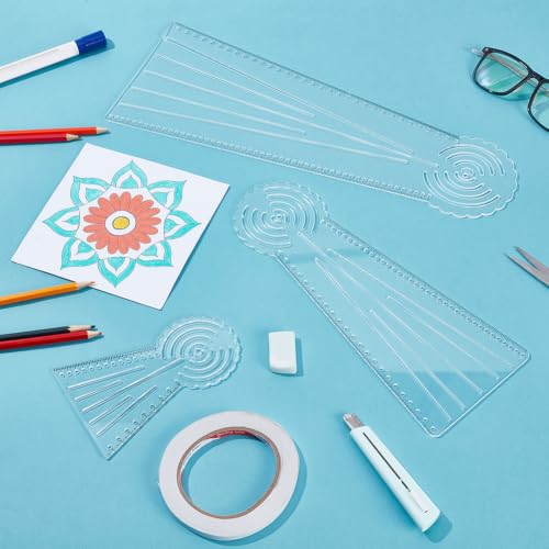 PH PandaHall 3 Styles Mandala Ruler Tool 3-in-1 Circle Maker Dotting Rulers Acrylic Straight Drawing Stencil Measuring Tool Set with Holes for Geometric Art Quilting Sewing Design DIY Craft Projects