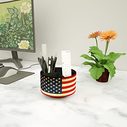 Round Leather Art Supply Organizer,Remote Control Holder,360 Degree Rotating,Multi-Functional Pencil Holder,4 Compartments Desktop Stationary Organizer(1-American Flag) - color: 1-American Flag