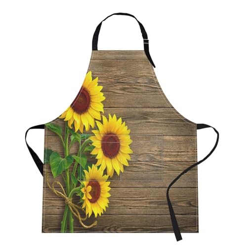 Apron with Pockets, 32x28 inch, for Women Men, Sunflowers Wooden | Autumn Flower Wood Board Waterproof Adjustable Bib Aprons for Kitchen Cooking Baking Painting Gardening - color: Sunflower Wooden