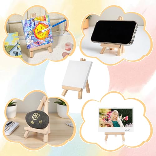 24 Pack Mini Canvases and Easels 3 x 3 Inch Small Canvas and Easel for Painting Art Stand with Panels Tabletop Wooden Display Easel for Birthday Parties Valentine‘s Day Gift