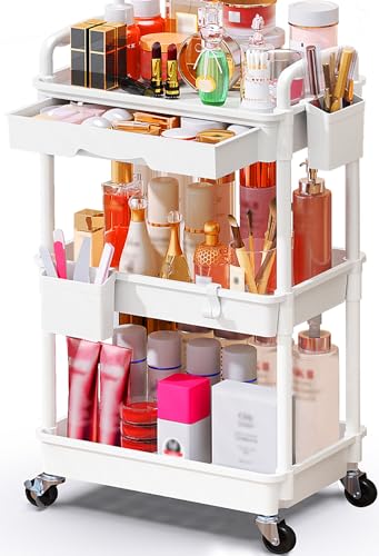 SUNALLY Makeup Cart Organizer with Drawer,3 Tier Rolling Makeup Cart, White - color: White, size: 3 Tier