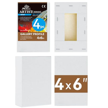 PHOENIX 4x6 Inch 4 Pack Gallery Canvas - Small 1.5 in Thick Canvases for Painting - Deep Edge 100% Cotton 11 Oz. Gesso Primed White Blank Professional Canvas Oil & Acrylic Paints - size: 4"x6", style: Gallery