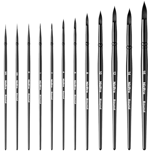 Nicpro 12pcs Watercolor Paint Brushes, Round Pointed Tip Paint Brush Set - color: Black, size: 12 PCS