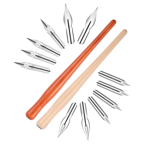 14 Pcs Calligraphy Nibs Dip Pen Nibs Holders with Comic Wooden Drawing Pens Holder with Stainless Steel Nib, Oblique Calligraphy Dip Pens Set Fluid Writer Pen for Writing, Painting, Signing, Sketch
