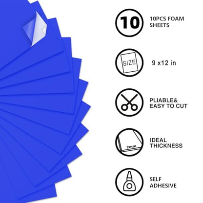 MEARCOOH Self Adhesive Foam Sheets, Blue 9x12 Inch 2mm Sticky Eva Foam Paper for Crafts Cardmaking Photo Frames Classroom Scrapbooking Christmas Crafts (Blue 10 Sheets) - color: Blue Self-adhesive, size: 9X12in-2mm