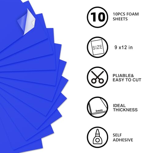 MEARCOOH Self Adhesive Foam Sheets, Blue 9x12 Inch 2mm Sticky Eva Foam Paper for Crafts Cardmaking Photo Frames Classroom Scrapbooking Christmas Crafts (Blue 10 Sheets) - color: Blue Self-adhesive, size: 9X12in-2mm
