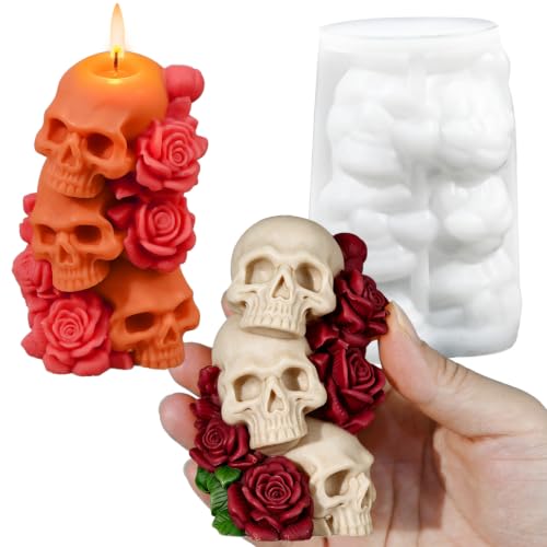 Halloween Skull Candle Mold, 3 Layer Columnar Rose Skull Mold | 3D Rose Style Skull Silicone Mold for Candle Making, Epoxy Resin Casting, Halloween Resin Night Light DIY Craft Handmade Gift - color: 1PCS Skull Mold