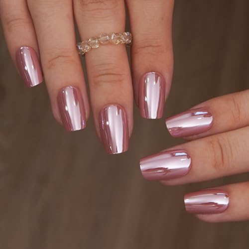 CurvLife Medium Coffin Chrome Press On Nails, Rose Mirror Gold Pink | 32PCS 16 Sizes, Salon-Quality Natural Fake Nails, Curved Fit, 7-14 Day Glue-On Wear, Reusable Stick-On Nails, Press-On Kit - color: Pink glitter