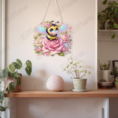 Eiflow Acrylic Diamond Art Hanging Kit for Adults, DIY Diamonds Painting Door Hanging Board Kit, Special Crystal Diamond Art Painting Pendant Ornament (Valentine Bee) - color: Rose Bee