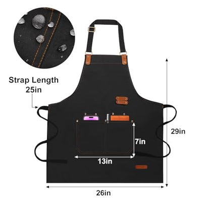 Chef Aprons for Women Men with Pockets(Functional and Large), Oil-Repellent & Water-Resistant Heavy-Duty Black Canvas with Adjustable Straps, Full-Coverage Protection for Cooking, Kitchen