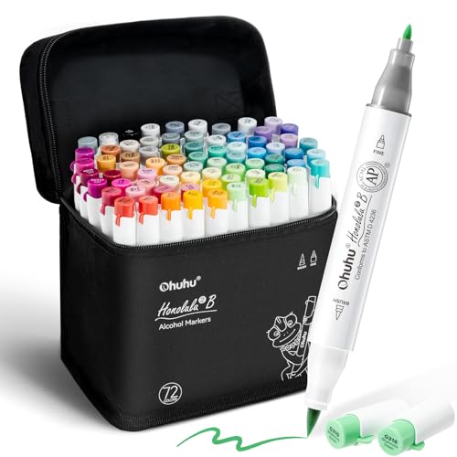 Ohuhu Alcohol Markers Brush& Fine 72 Colors for Adults Coloring Refillable | AP Certified Art Marker Set, Dual Tips Alcohol-based for Artists Beginners Drawing Illustration Sketching, Honolulu 2B