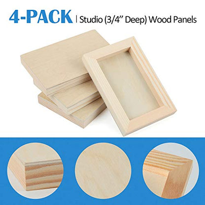 4 Pack 4x6’’ Unfinished Birch Wood Panels Kit for Painting | Studio 3/4’’ Deep Wooden Canvas, Cradle Boards for Acrylic Pouring, Art, Crafts, Epoxy Resin, Laser Engraving Cutting - size: 4'' x 6'' Studio