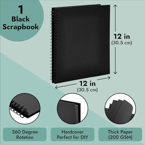 Paper Junkie Scrapbook 12x12 Album - 12 x 12 In, Black Hardcover, 40 Sheets (80 Pages) - Spiral Bound Black Scrapbook for Crafts