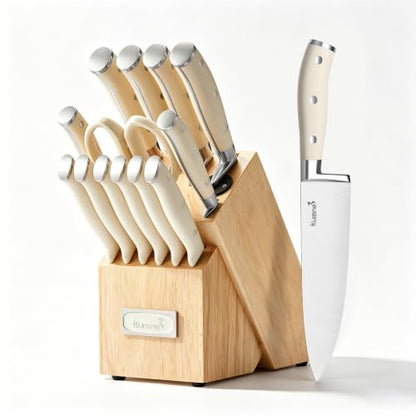 KUISINE Chef Knife Set, High Carbon Stainless Steel Ultra Sharp Blade Ergonomic Handle, Kitchen Knife Block Set with Built-in Sharpener, Elegant Gift for Holiday(15 PCS Pro White) - color: Pro White, size: 15 pieces